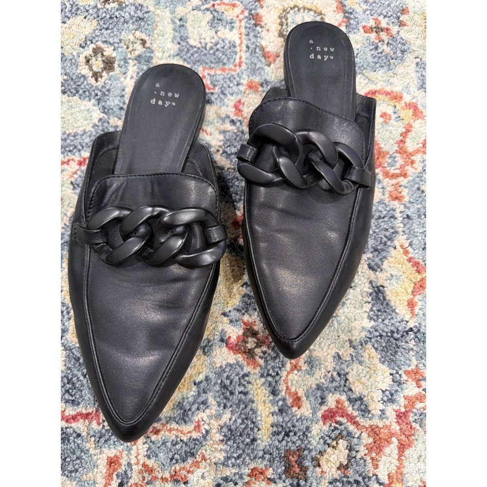 A New Day Mules Women 9 Black Chain Link Pointed Toe Slip On Minimalist